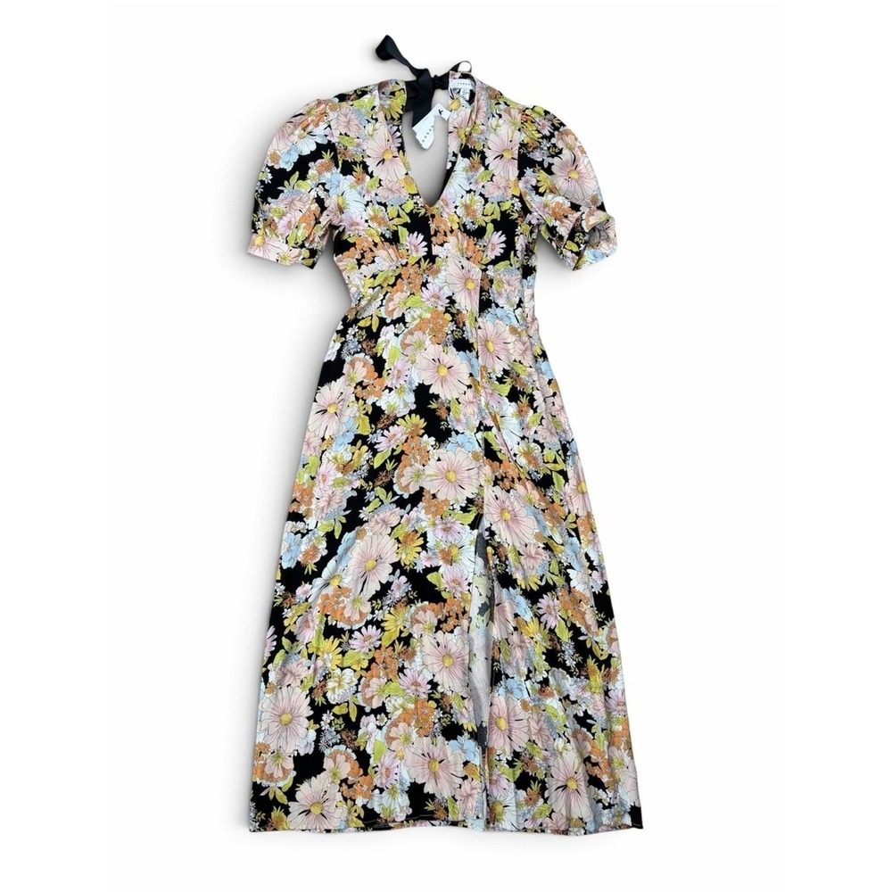 NWT Topshop Floral Maxi Dress US 4 Puff Sleeve V Neck Front Slit Black Pink